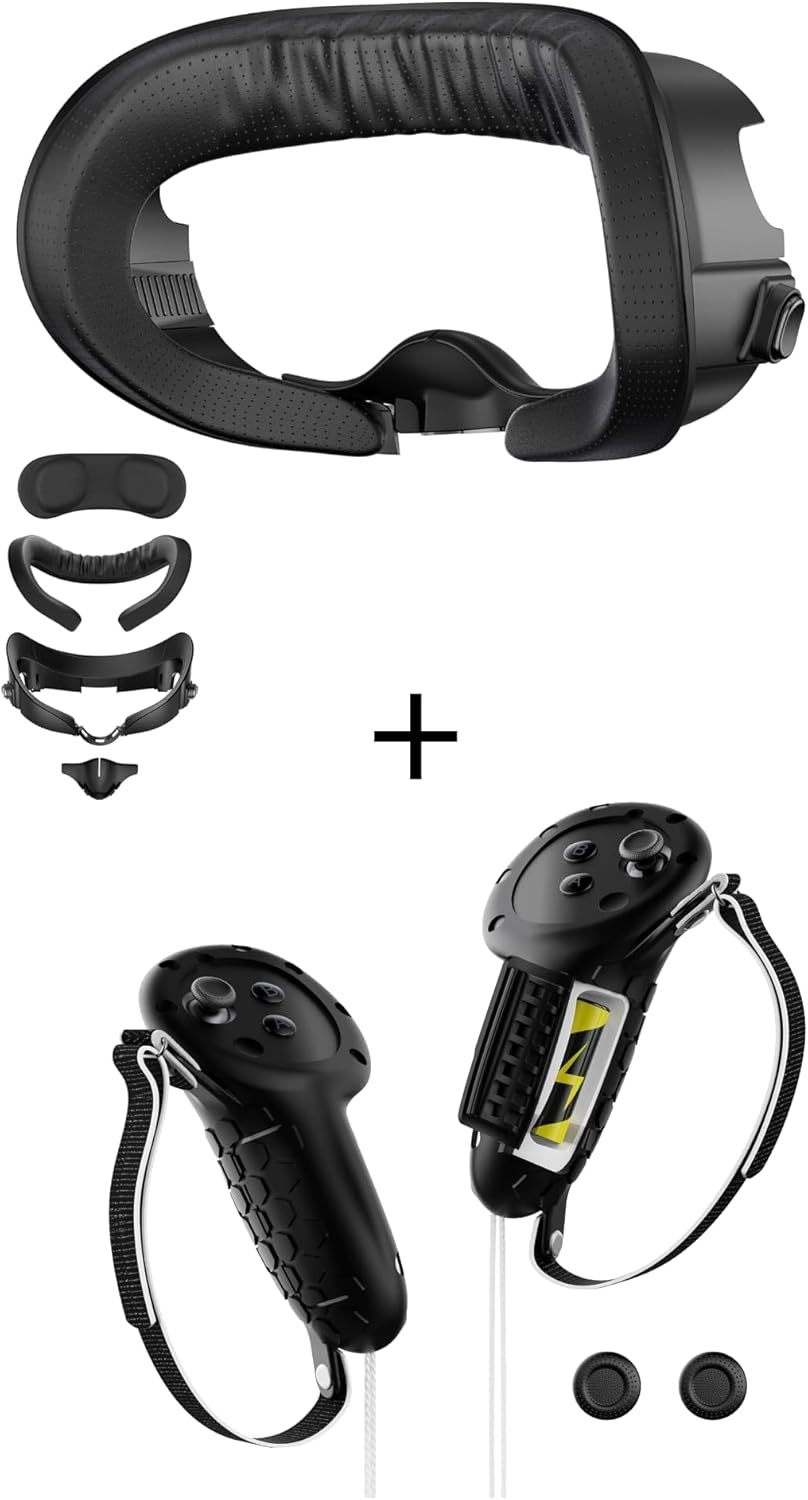 Meta Quest 3 Accessories Bundle – Facial Interface with Breathable Comfort Cushion & Light-Blocking Nose Pad, Plus Non-Slip Silicone Controller Grips Cover for Quest 3/3S with Battery Opening