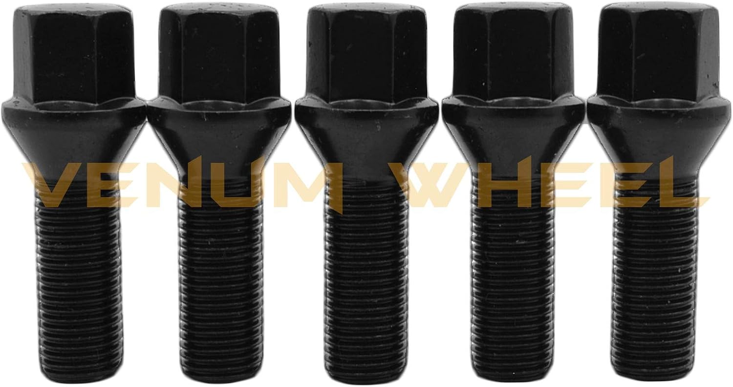 Venum wheel accessories 5 Pcs Black Powder Coated M14x1.25 Cone Conical Seat Lug Bolts 17mm Hex 28 MM Factory Shank Length Works with BMW F-Series & New G Series Chasis