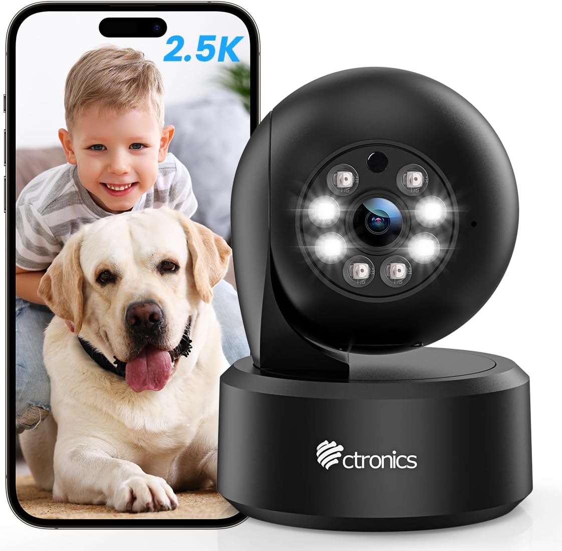 Telecamera WiFi per interni Ctronics da 4 MP, telecamera di sorveglianza WiFi/Bluetooth da 2,4/5 GHz, visione notturna a colori, PTZ 355°/120°, rilevamento movimento e presenza umana AI, tracciamento automatico (Nero)