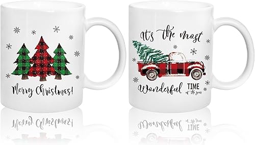 Miniatura 1 de Whaline Juego de 2 tazas de Navidad de 12 onzas, color rojo y verde, a cuadros, árbol de Navidad, camión, taza de café, tazas de fiesta de cerámica