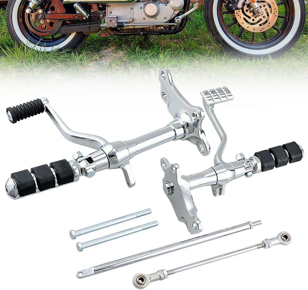 Forward Control (Chrome Billet CNC Aluminum w/Black Rubber) Foot Pegs Lever Linkage Complete Kit Replacement for Harley Sportster Custom Anniversary Police Roadster XL883 XL1200 1991-2003