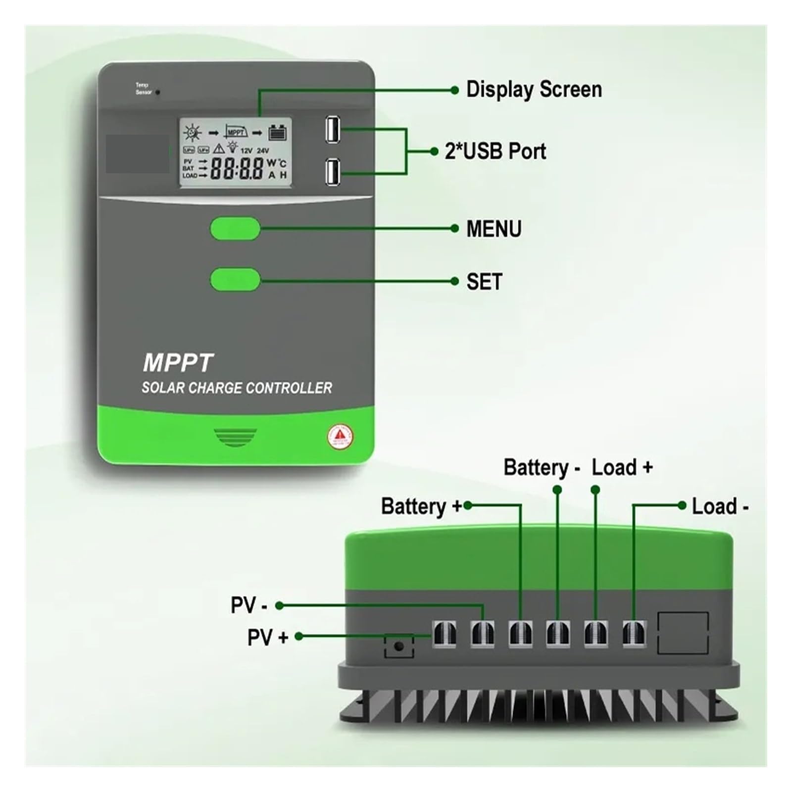 Kontroler ładowania słonecznego, 60A 50A 40A 30A 20A MPPT regulator ładowania słonecznego do baterii domowych Panel 3000W LCD z USB 12V 24V 36V 48V(Blu,60A_12V 24V 36V 48V)