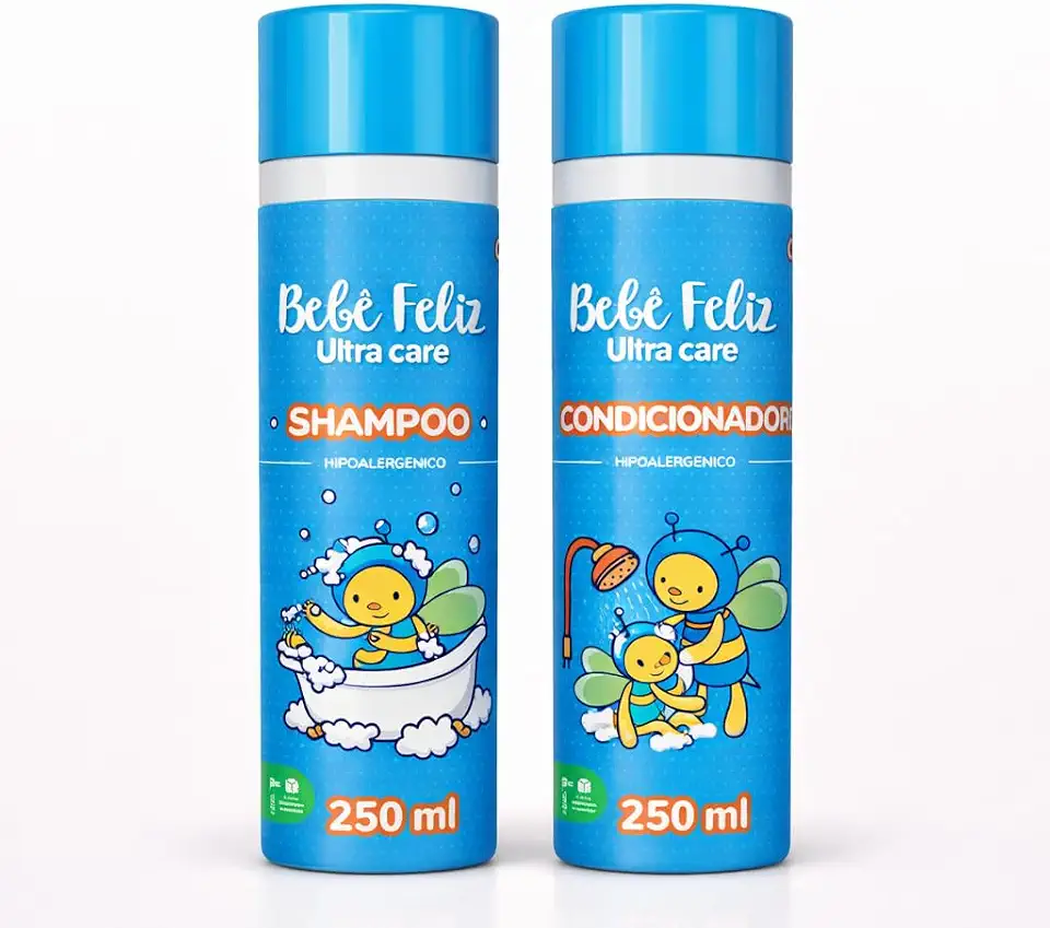 Kit Shampoo e Condicionador Bebê 250ml Hipoalergênico pH Neutro Aloe Vera Pele Sensível Dermatologicamente Testado Sem Álcool para Bebês e Crianças