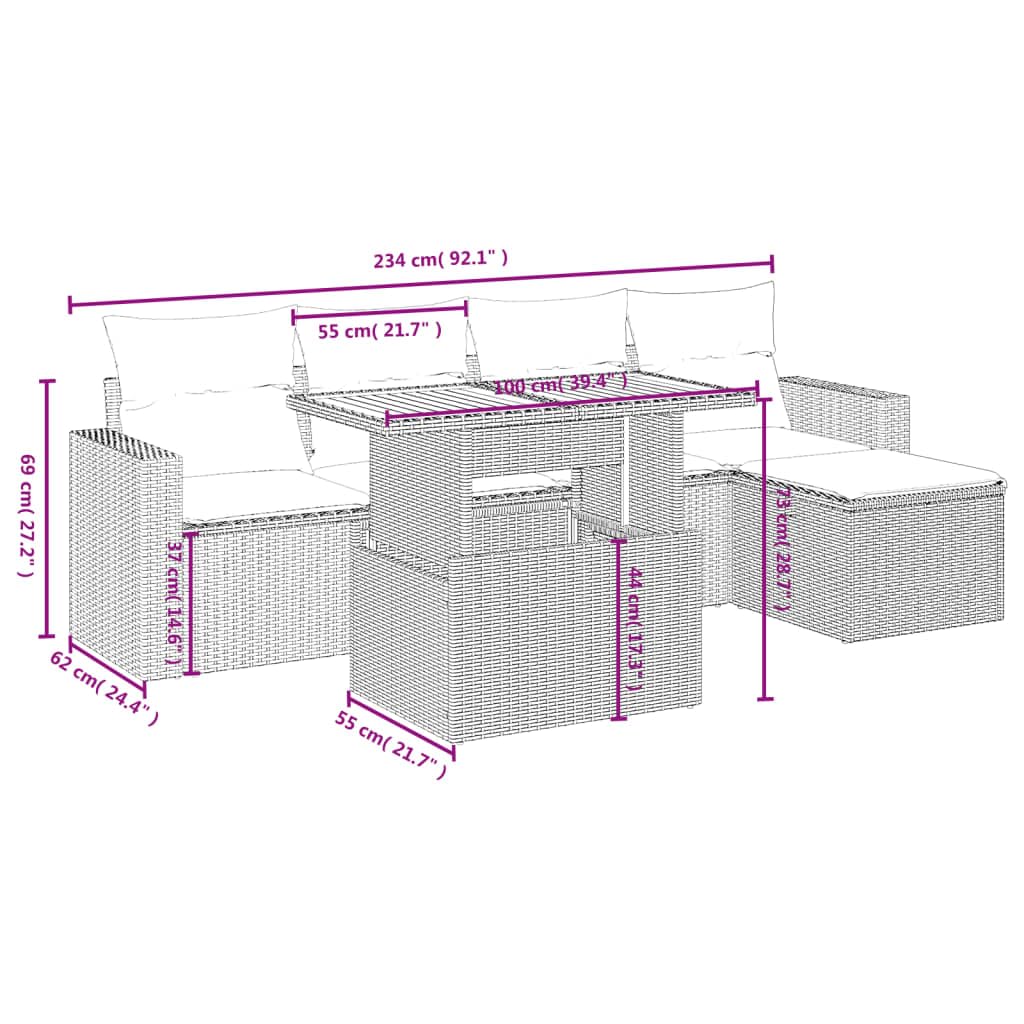 Juego de 6 sofás de jardín de polirratán negro con mesa regulable en altura de madera de acacia, conjunto de asientos modulares para terraza, balcón, patio, incluye cojines de asiento y