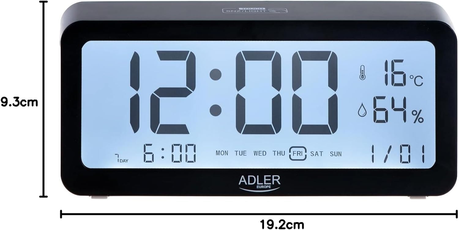 Depan view Jam Penggera ADLER AD 1195 dengan dimensi berlabel: lebar 19.2cm dan tinggi 9.3cm.