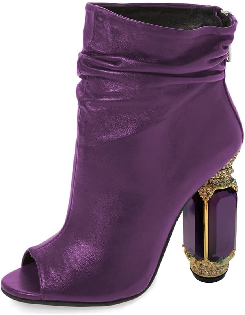 FSJ Women Stylish Peep Toe Slouch Ankle Boots Chunky Stacked Heels Party Prom Nightclub Evening Wedding Crystal Heel Dress Shoes Size 4-15 US