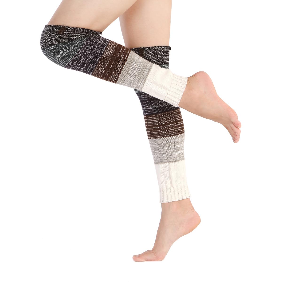Brown Button Multicolor Stripe Long Warm Woolen Thigh High Knee High Leg Warmer Winter Fashion Knitted Warm Boot Thigh High Socks Boot Cuffs for Women Girls-image-14