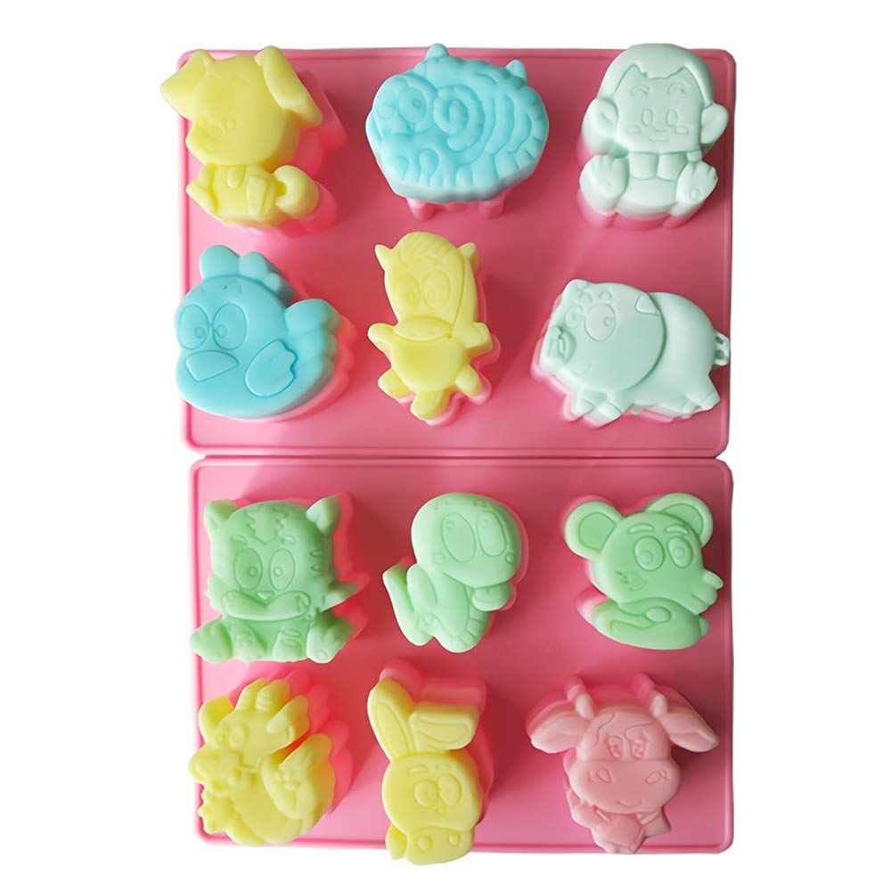 (Pack of 2) the Twelve Chinese Zodiac Silicone Soap Mold 12 Animals Signs Silicone Chocolate Candy Jello Mold Cake Cupcake Baking Pan Ice Cube Tray
