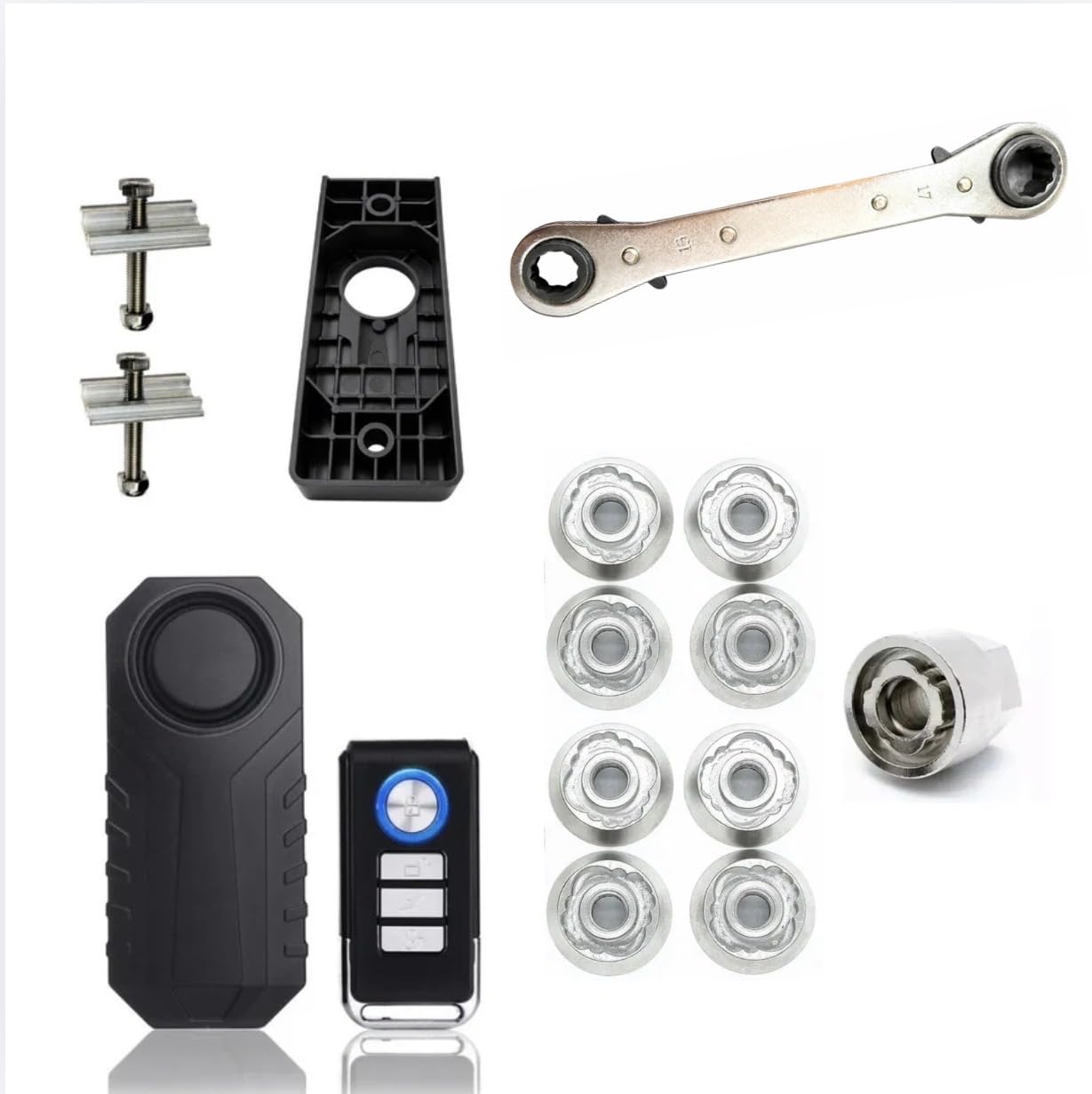 The Complete Designed to Fit Tentbox - Roof Tent Security Kit - 8x M8 HIGH Security Nuts + 113db Motion Sensing Roof Tent Security Alarm Deterrent+Alarm Holder + Ratchet Spanner Easy Installation