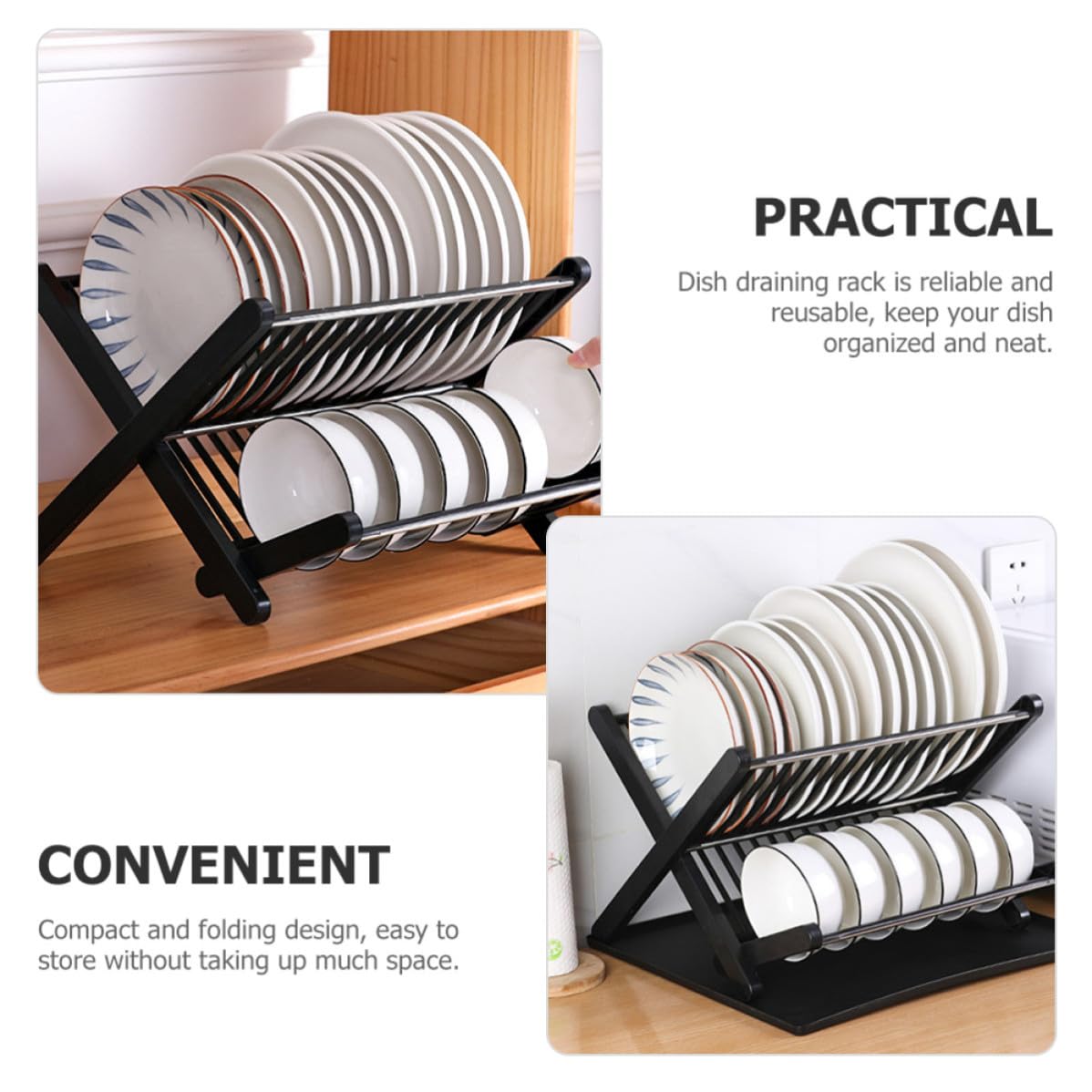 USHOBE Escurreplatos Plegable Negro de Pp y Acero Inoxidable, Compacto y Fácil de Almacenar para Cocina y Restaurante, Soporte Práctico para Organizar Platos