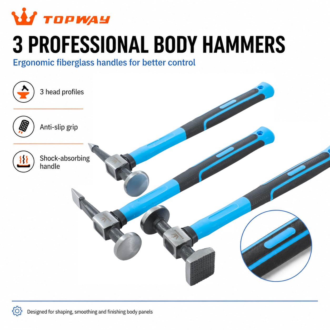 TOPWAY Ensemble d'Outils de Réparation de Carrosserie 7Pcs Professional Marteaux et Tas pour Carrossier avec Manches de Fibres de Verre 454230