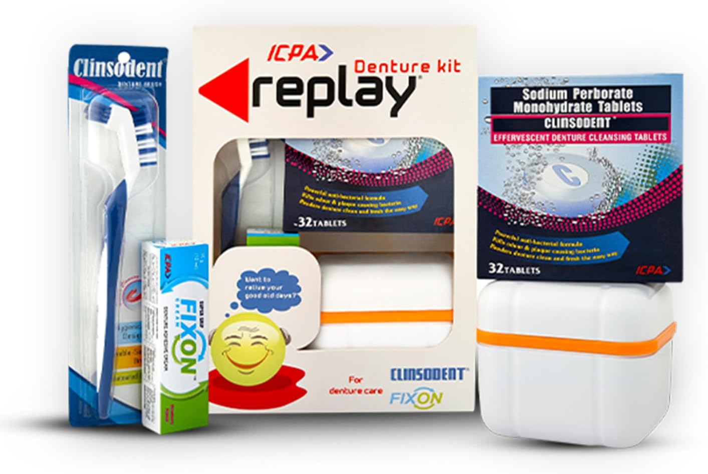 Replay Denture Cleaning Kit with Storage Container | Clinsodent Tablet Pack of 1 | Adhesive Cream 15 g | Clinsodent Brush Pack of 1 with Storage Container