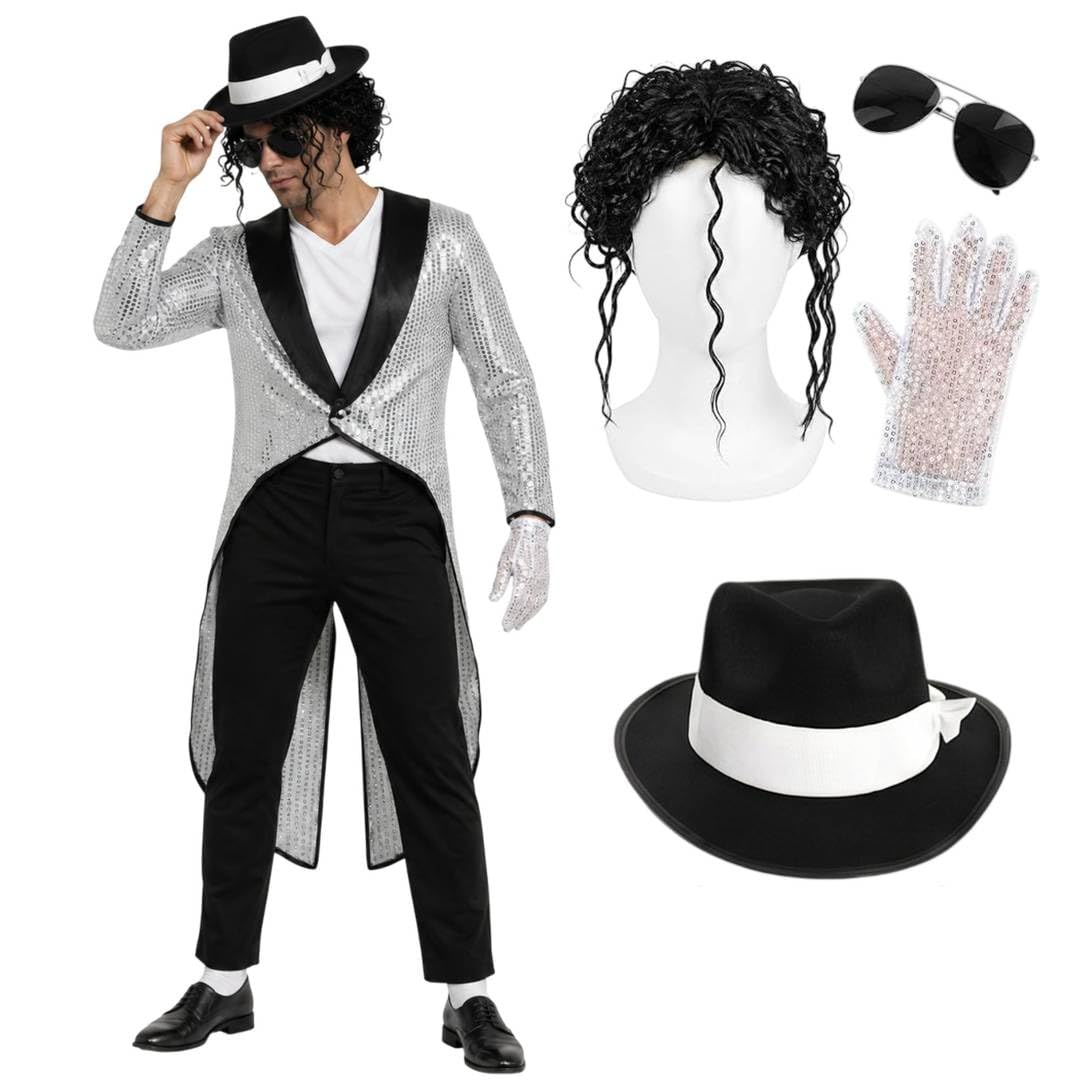 King Of Pop Musician Costume Set - Silver Shiny Sequin Tailcoat, Hat, Curly Jacko Wig, Aviator Glasses, Sequin Glove - Adult MJ Pop Icon Fancy Dress 80s