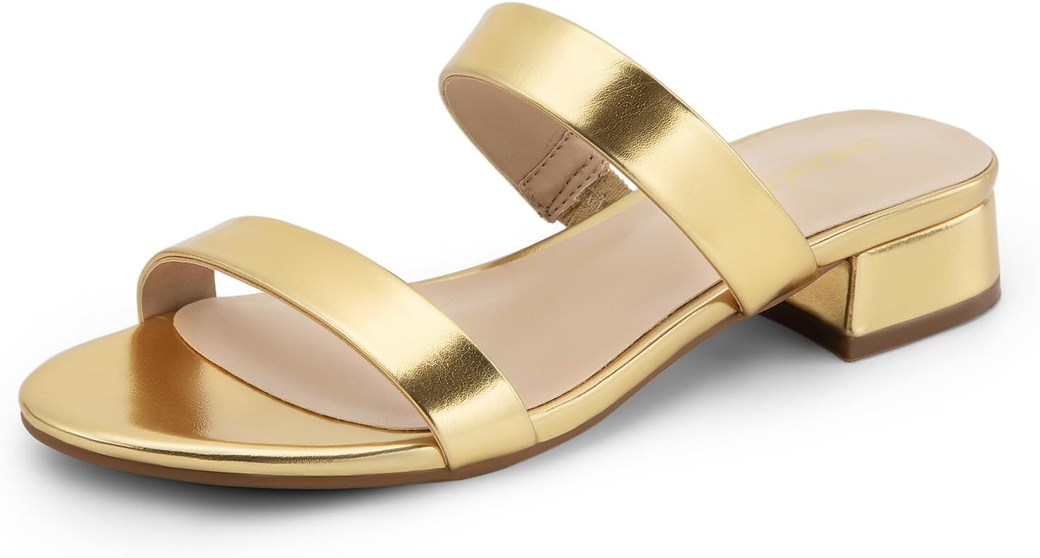 DREAM PAIRS Women's Slides Heels Slip On Low Block Sandals Two Strap Open Round Toe Chunky Casual Summer Mules Shoes