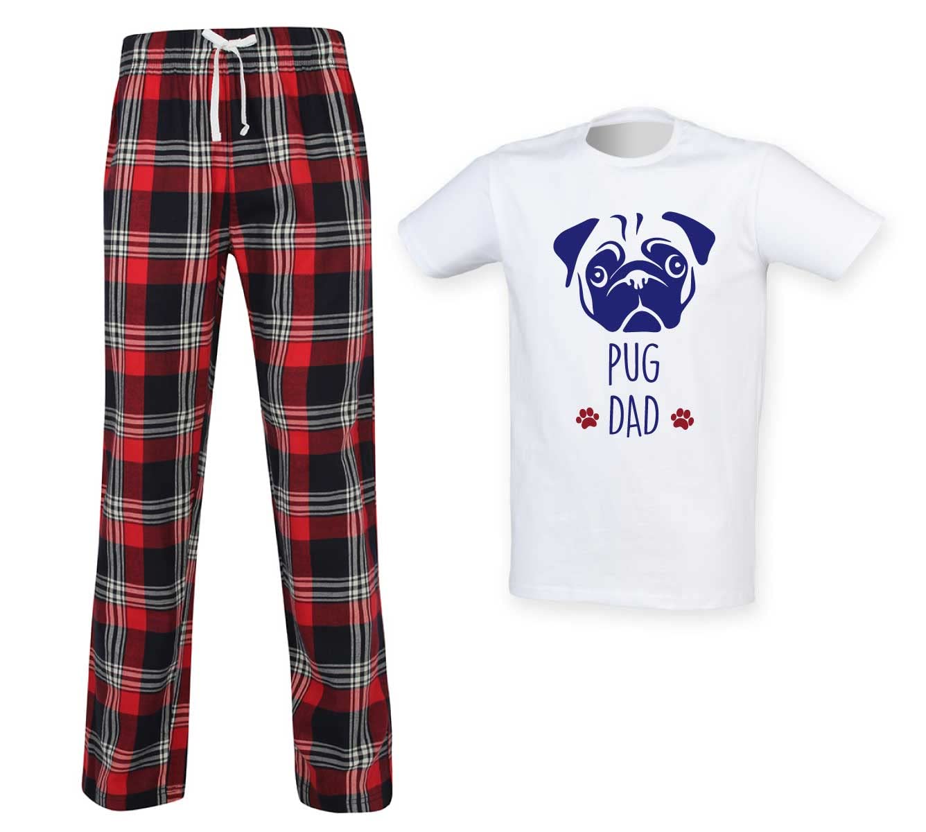 Pug Dad Tartan Pyjama Set - Mens Novelty Pyjamas - Red - M
