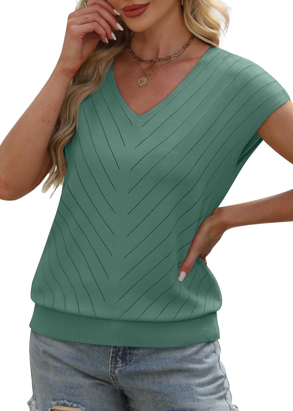 OFEEFAN Womens Sweaters Short Sleeve V Neck Summer Tops Trendy Fashion Business Casual Outfits Dressy Clothes - Image 3