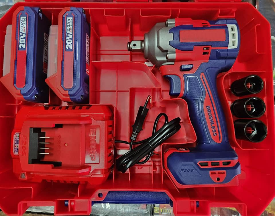 Shartools Emtop Cordless Impact Wrench and accessories stored in a red carrying case