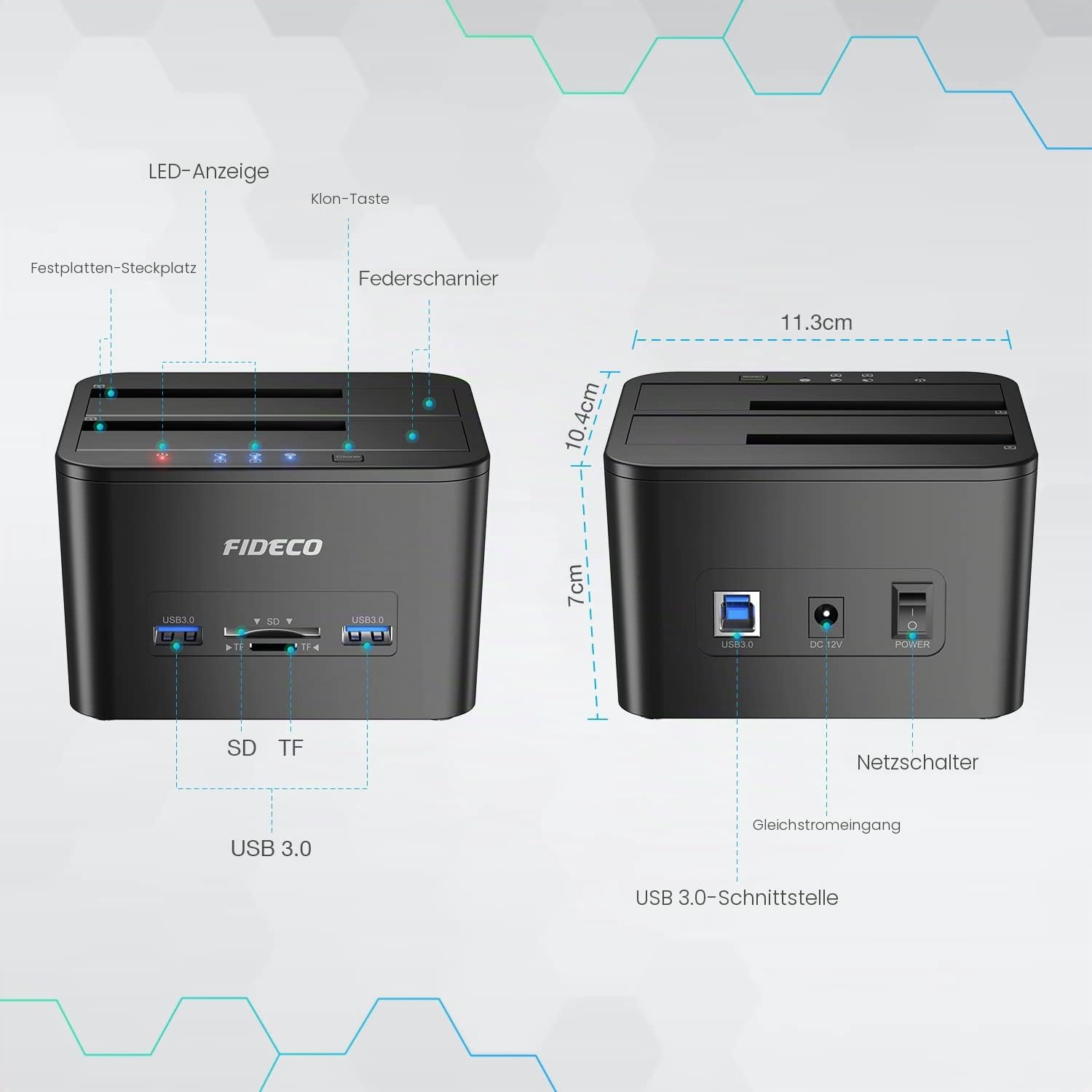 FIDECO Docking Station für 2 SATA-Festplatten, USB 3.0, Klonfunktion, 2,5-Zoll- und 3,5-Zoll-Festplatte, SSD, SATA-Festplatte