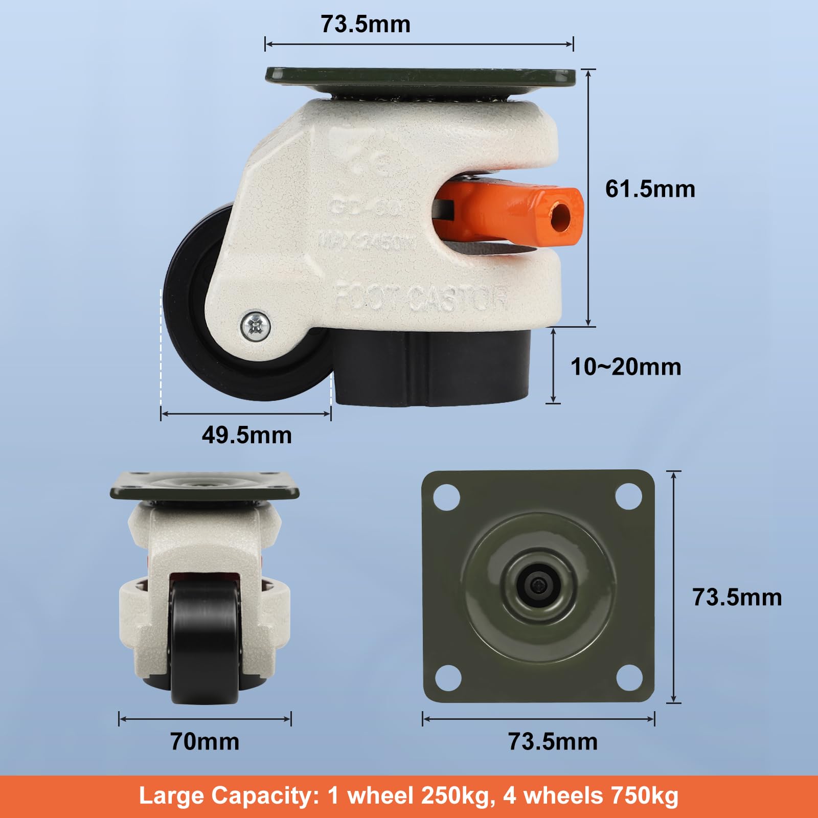 4-pack nivelleringswielen GD-40F, 42 mm op plaat gemonteerde