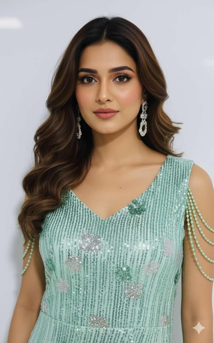 Buy Women's Mint Green Sequin Embroidered Gown | Sparkling Floral Work,  Beaded Chain Shoulder Straps & High Slit Maxi Dress | Imported Formal Size  L at Amazon.in