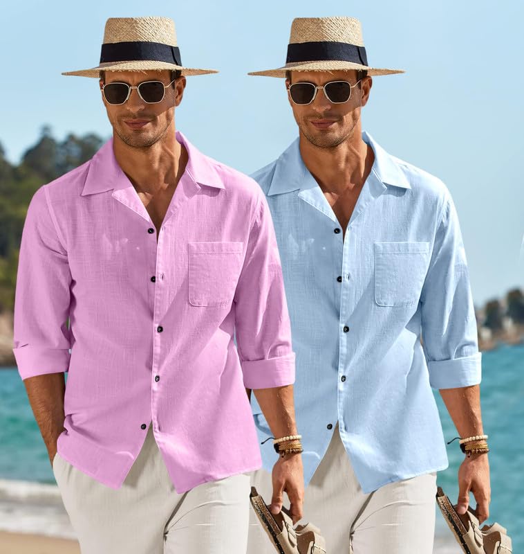 Image of Combo of Men's Casual Cotton Blend Shirt || Long Sleeve Button Down with Spread Collar | Lightweight Breathable Fabric | Stylish Solid Shirt for Beach, Office & Everyday Wear Pack of 2