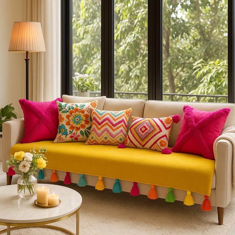 THROWPILLOW Yellow 2 Seater Sofa Cover with Tassels Boho Sofa Throw for Two Seater Couch, Small Wooden Sofa, Love Seat, Settee, Bench|2 Seater Sofa Seat Cover|Decorative Tassel Throw for Living Room-image-7