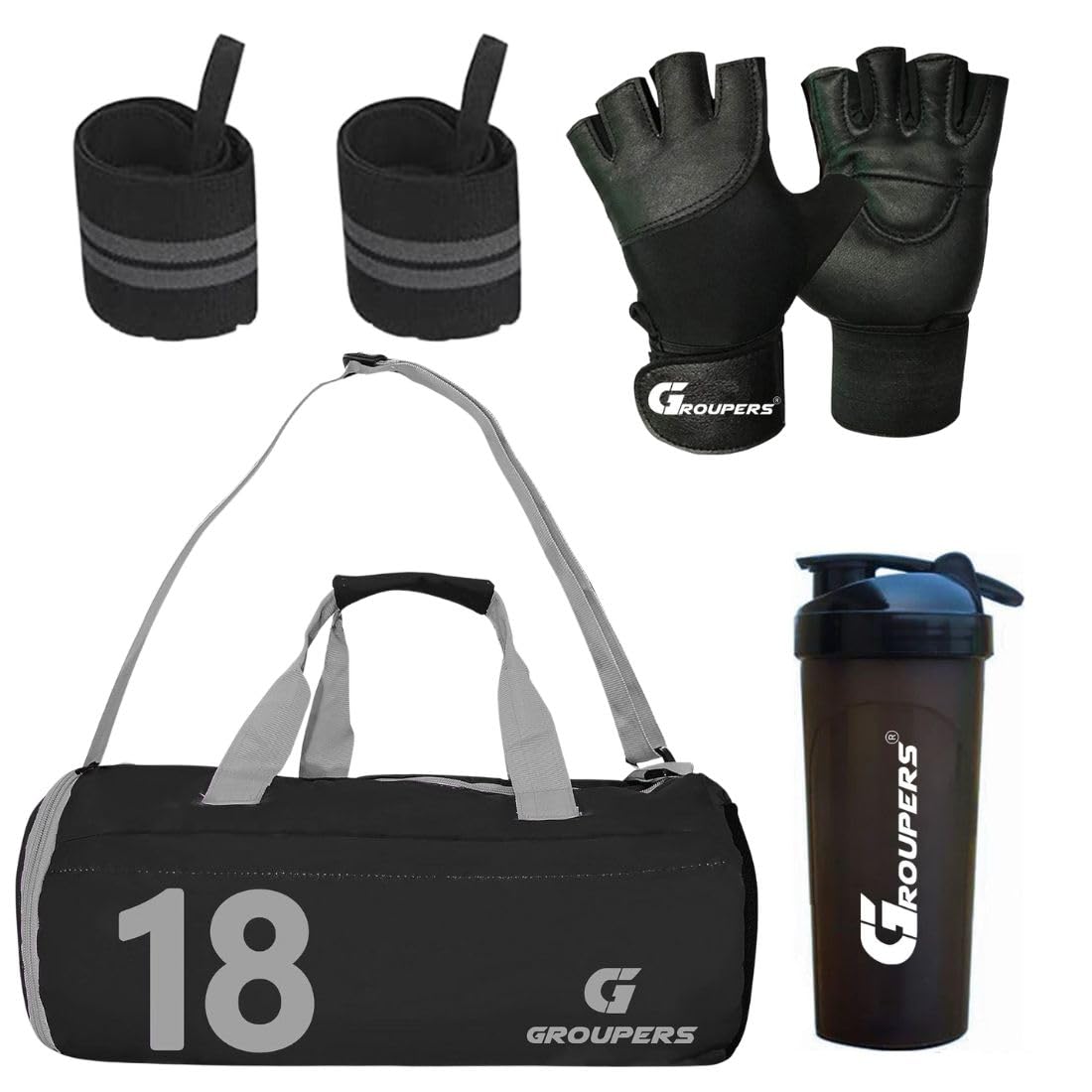 combo set of duffle polyester bag with shaker bottle-700ml, gloves & wrist band - black