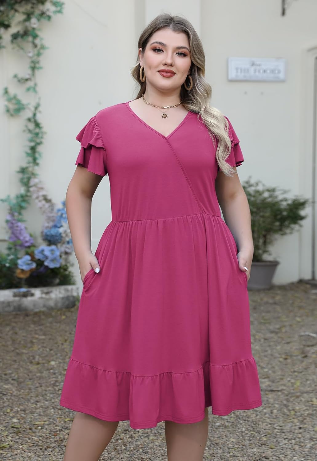 Celkuser Plus Size Casual Wrap V-Neck Ruffle Short Sleeve Midi Dress for Curvy Women with Pocket Spring and Autumn Dress - Image 3