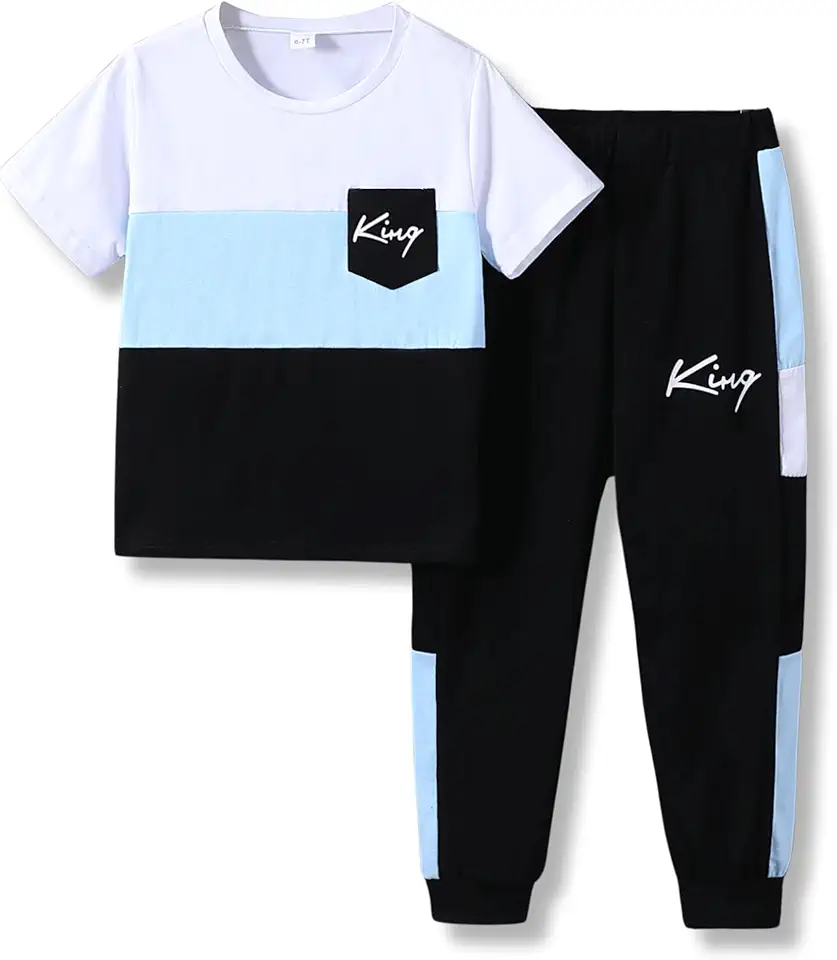 Klyatpxoen Size 6-12 Years Boys Fashion Clothes Spring Summer Short Sleeve Top & Pants Color Block Clothing Sets