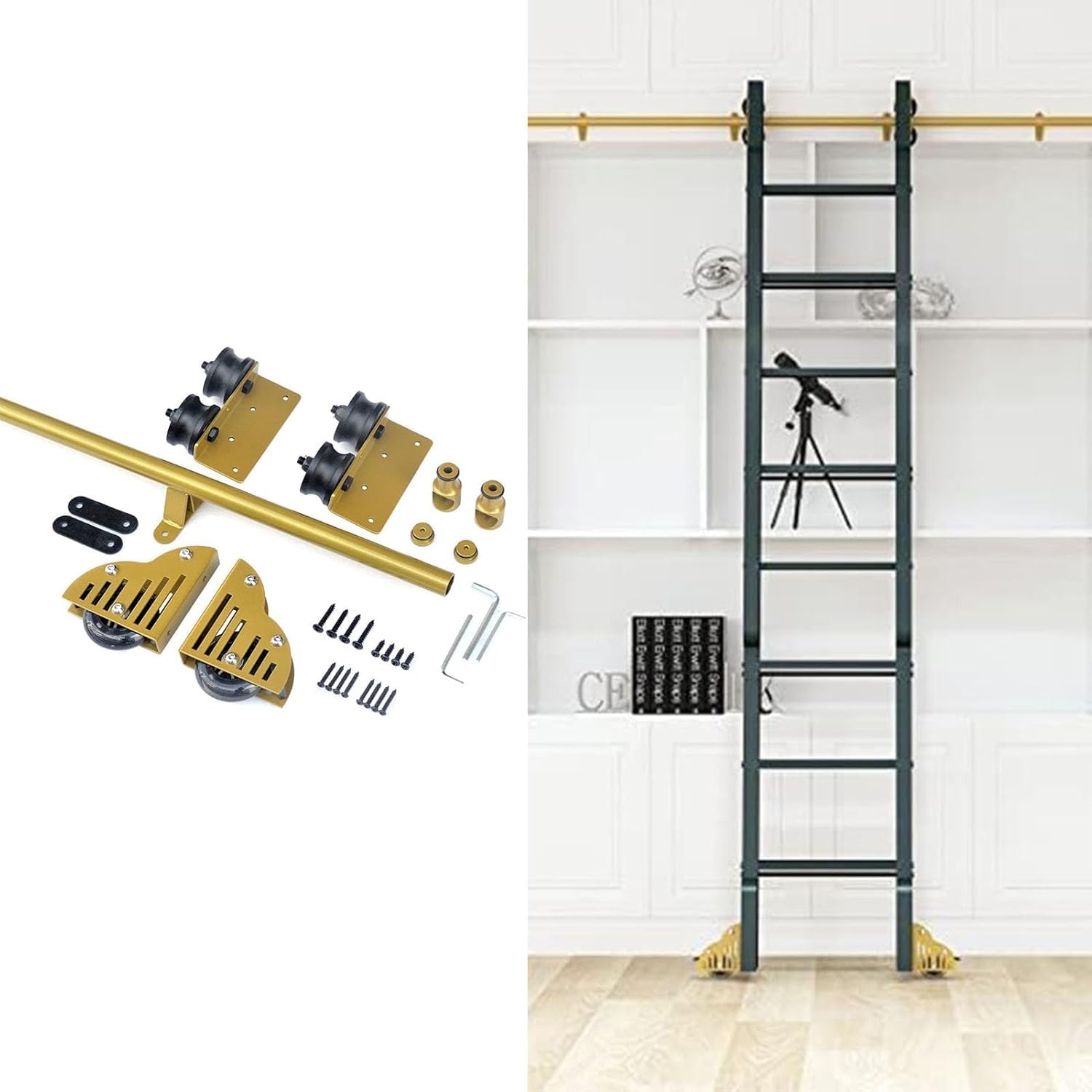 GHFXSCV Golden Rolling Library Ladder Hardware Kit Round Tube Sliding Ladder Full Set with Brake for Indoor/Loft 6.6ft Track Kit