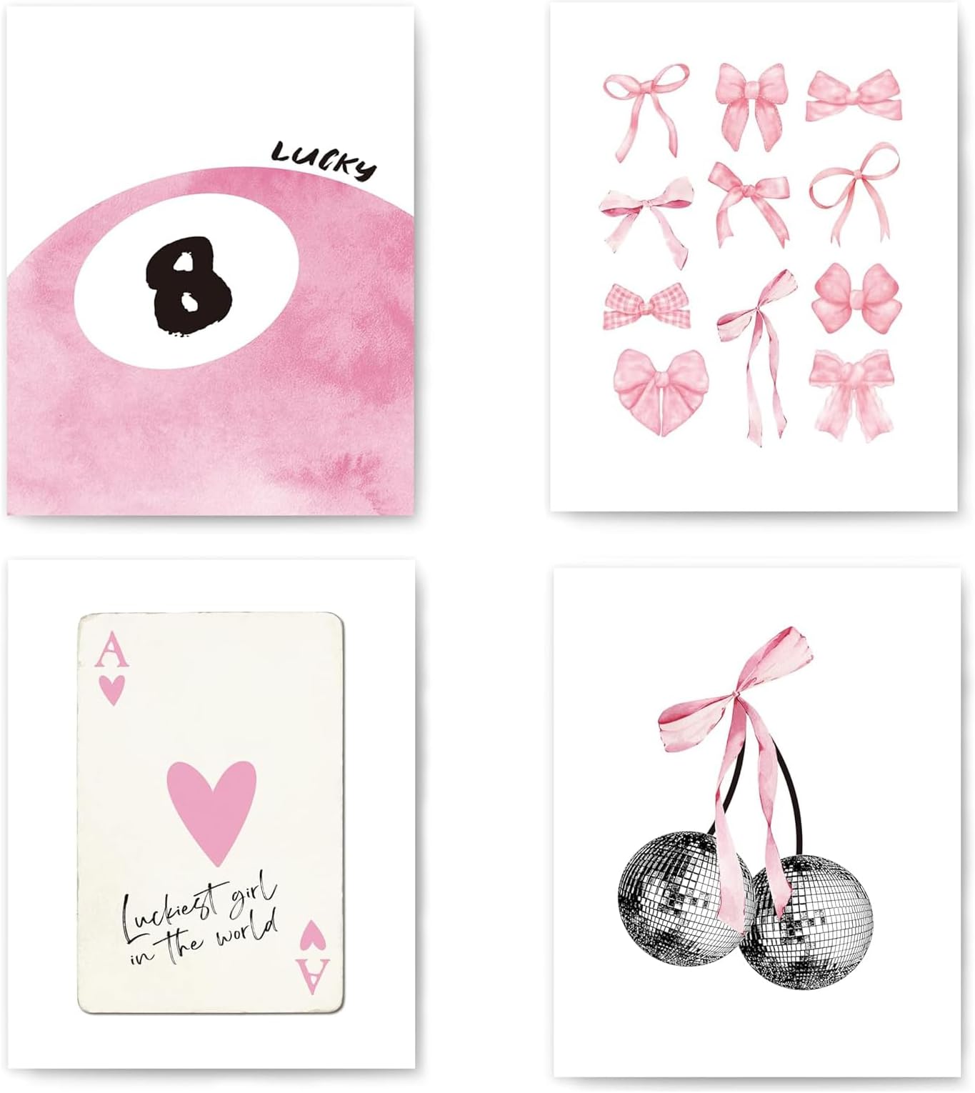 PSFXBM Set of 4 Pink Wall Art Pink Bow Posters Aesthetic Preppy Room Decor Coquette Room Decor Girls Room Decor Aesthetic Room Decor Trendy Wall Art for Girls Bedroom Living Room Unframed 8x10in