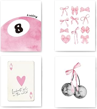 PSFXBM Set of 4 Pink Wall Art Pink Bow Posters Aesthetic Preppy Room Decor Coquette Room Decor Girls Room Decor Aesthetic Room Decor Trendy Wall Art for Girls Bedroom Living Room Unframed 8x10in
