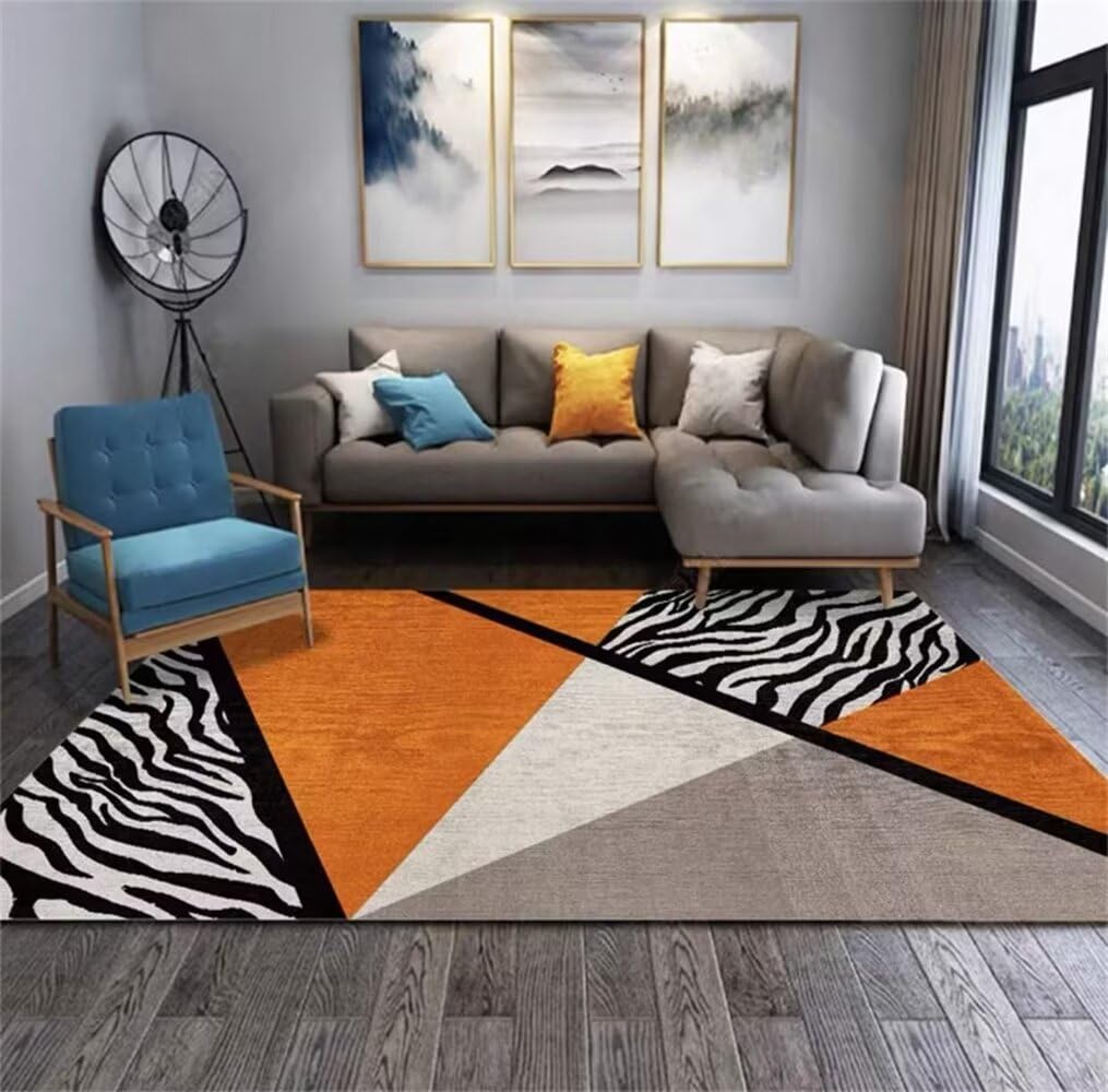 Tapis salon doux au design géométrique moderne noir et orange 70x140 cm