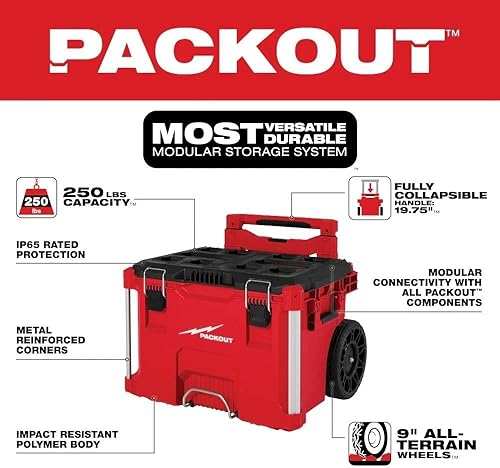 Miniatura 2 de 48-22-8427 para Milwaukee PACKOUT Caja de herramientas rodantes Longitud 18 pulgadas Ancho 22 pulgadas Altura 19.5 in - RojoNegro