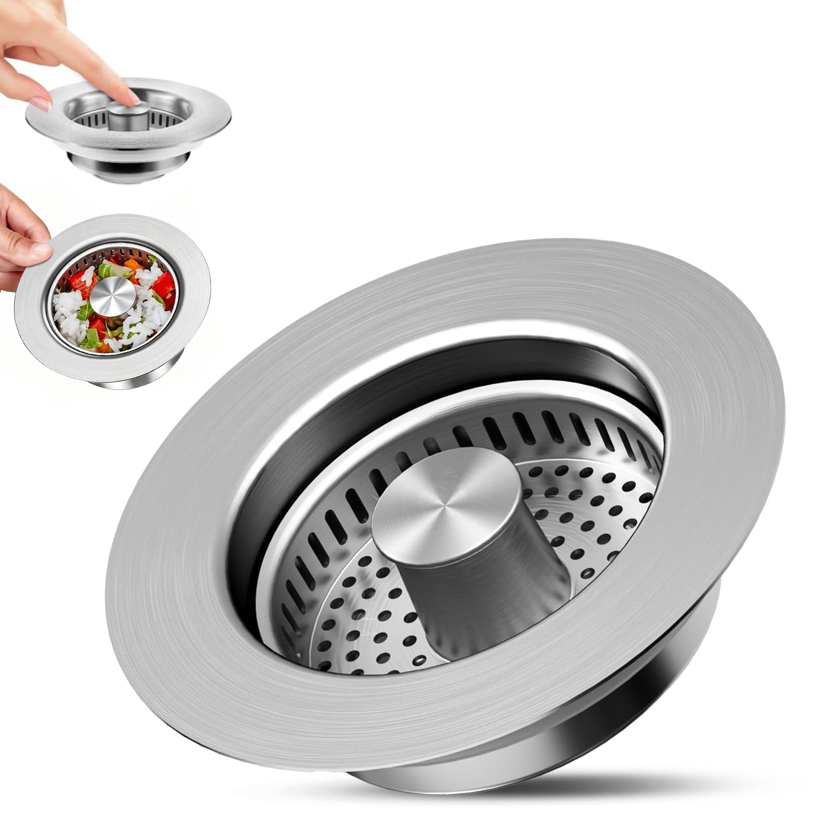 Tapon Fregadero Cocina, 3 en 1 de Acero Inoxidable Filtro Fregadero Cocina, Colador Desagüe con Filtro AntiOlores, Tapón Press Push para Filtro Desague Fregaderos 73-87mm