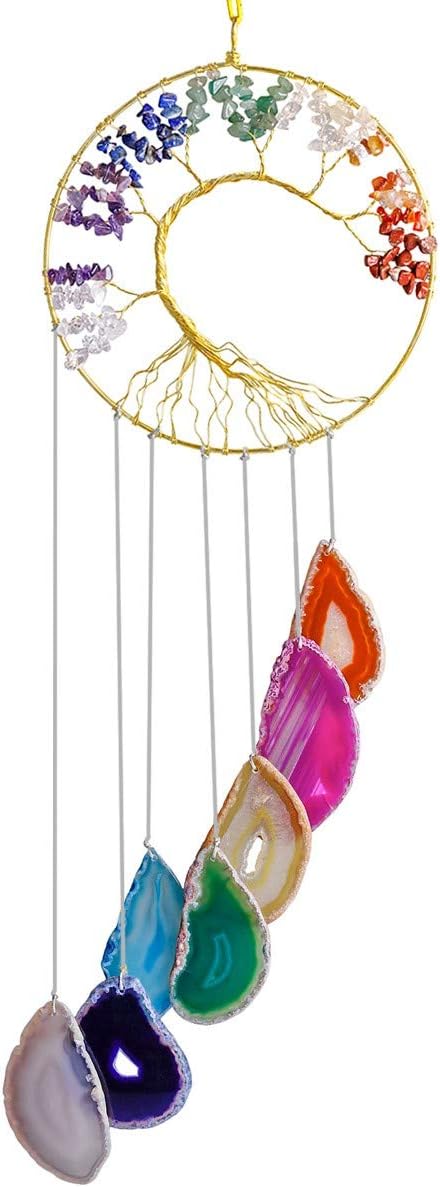 Nupuyai Colorful Agate Slice Wind Chimes, 7 Chakra Stone Healing Crystal Tree of Life Hanging Ornaments for Home Window Garden Decoration