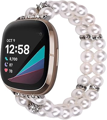 Wongeto Compatible with Fitbit Sense/Versa 3 Watch Bands,Fashion Handmade Elastic Stretch Pearl Bracelet Women Girls Replacement Strap for Fitbit Versa 3 accssorises (Pearl White)