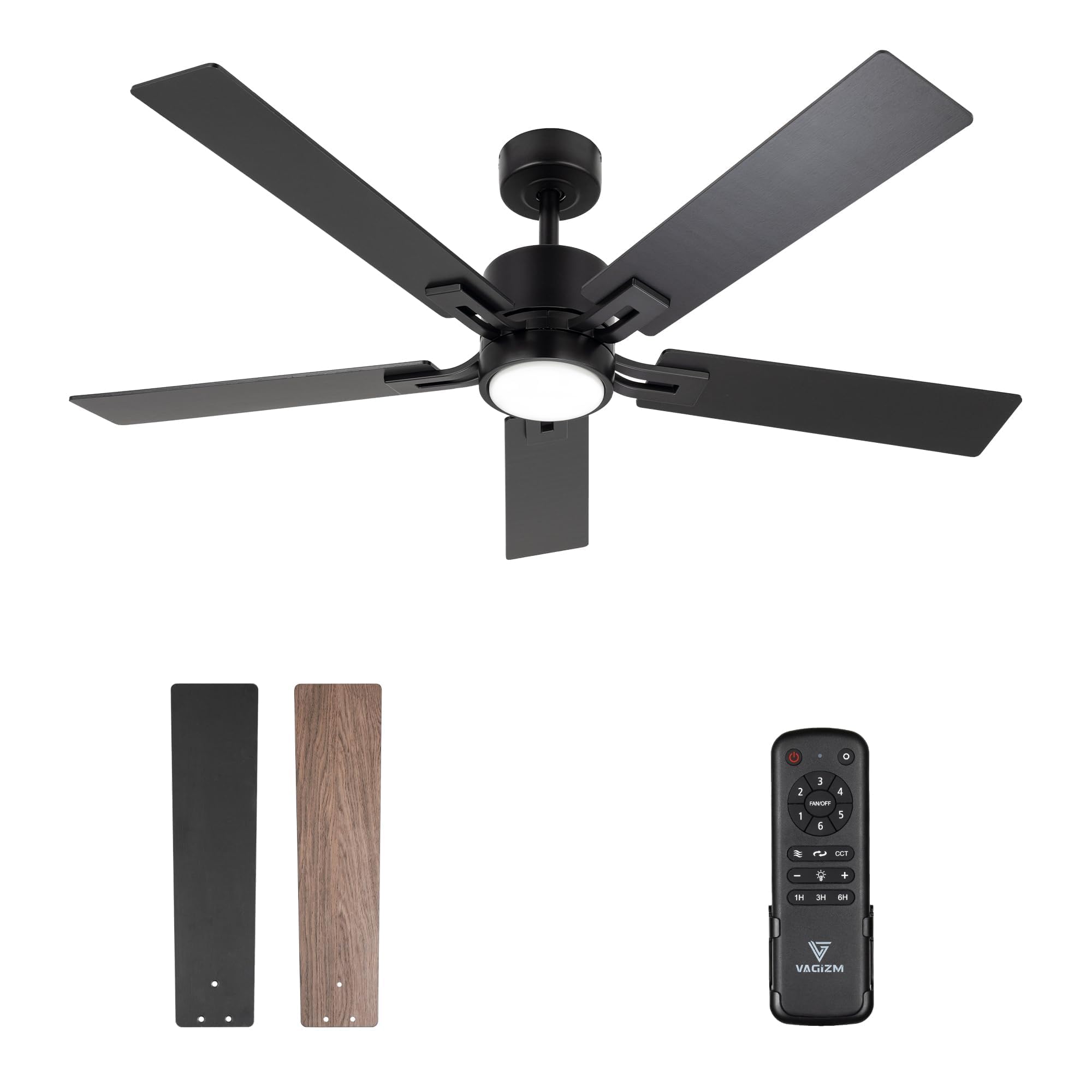 Ceiling Fan with Light for Bedroom: 52 Inch Modern Ceiling Fans with Dimmable Tri-Color Temperature LED - Quiet Reversible DC Motor - Indoor Outdoor Paito Sloped Roof Use (Matte Black)