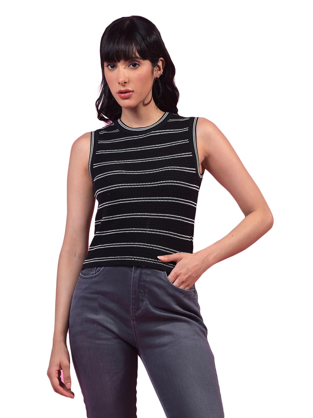 crimsoune club Women's Black Horizontal Stripes Sleeveless 100% Cotton Top-picture-20
