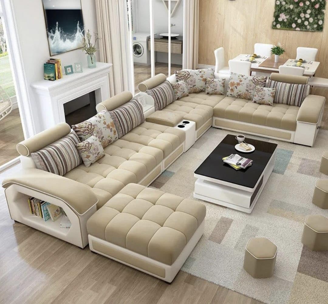 FURNART FURNITURE & INTERIOR Modern U-Shaped Sectional Sofa Set with Storage, 9 Seater, Sofa Couch with 4 Puffy for Hall Guest Room (Beige & Cream)-image-45