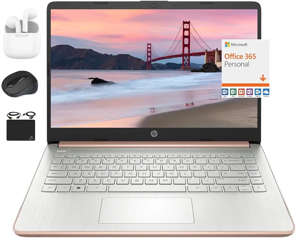 HP Novo laptop fino ultra leve HD de 14 polegadas, processador Intel Celeron quad-core, 4 GB de RAM, 192 GB (128 GB eMMC + cartão de 64 GB), Wi-Fi, até 11 horas, Windows 11S + 1 ano de escritório 365