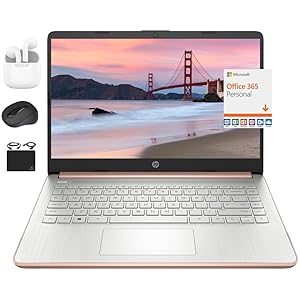 HP Nuevo portátil ultraligero HD de 14 pulgadas, procesador Intel Celeron de cuatro núcleos, 8 GB de RAM, 256 GB (tarjeta eMMC de 128 GB + tarjeta de 128 GB), Wi-Fi, hasta 11 horas, Windows 11S + 1 año Office 365 + HubxcelAccesorio, oro rosa