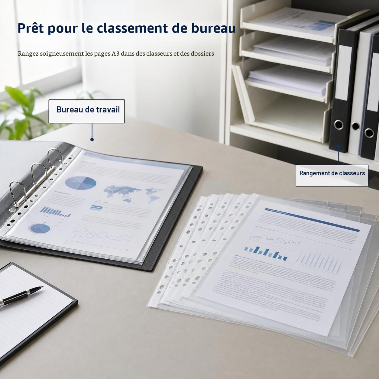 Lot de 100 pochettes transparentes A3, pochettes transparentes DIN A3, feuilles en plastique transparent, pochettes perforées en plastique transparent pour dossiers A3, documents, papiers