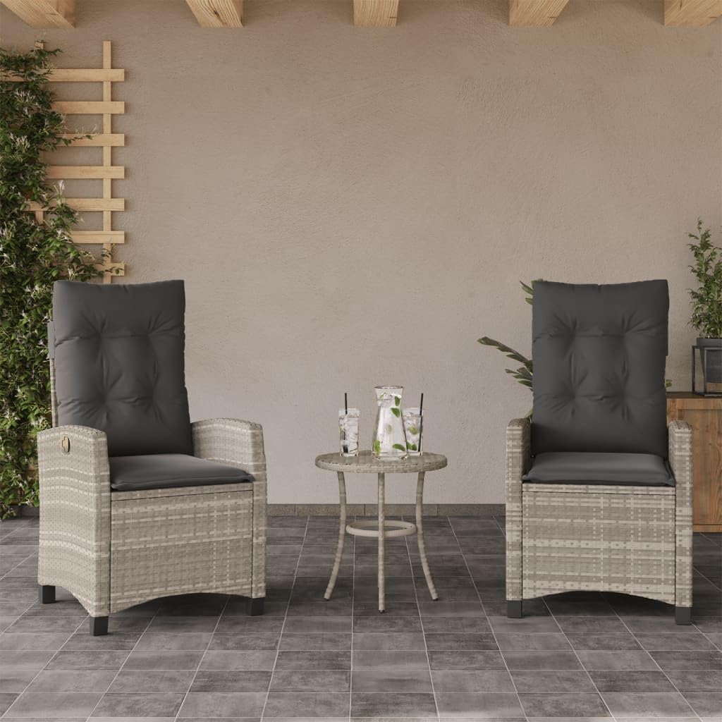 Set da 3 pezzi con cuscini grigio chiaro in polyrattan per giardino, balcone o terrazza con schienale regolabile e cuscini imbottiti spessi con rivestimenti sfoderabili