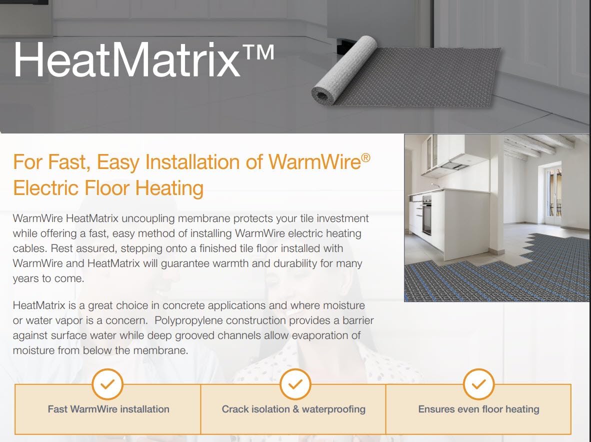 SunTouch WarmWire Floor Heat Kit 20 SF Cable, 40 SF HeatMatrix Uncoupling Membrane, Floor Sensor, & WiFi CommandPLUS 500950 Thermostat 120V