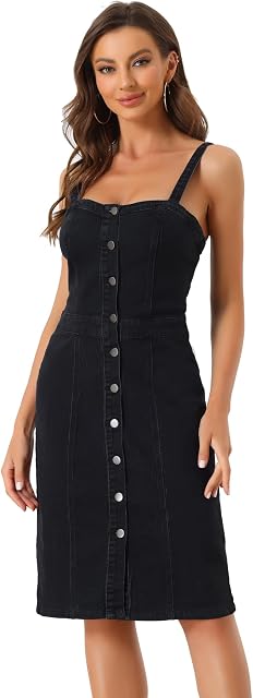 Allegra K Button Down Denim Dress for Women's Sleeveless Sweetheart Neck Jeans Dresses