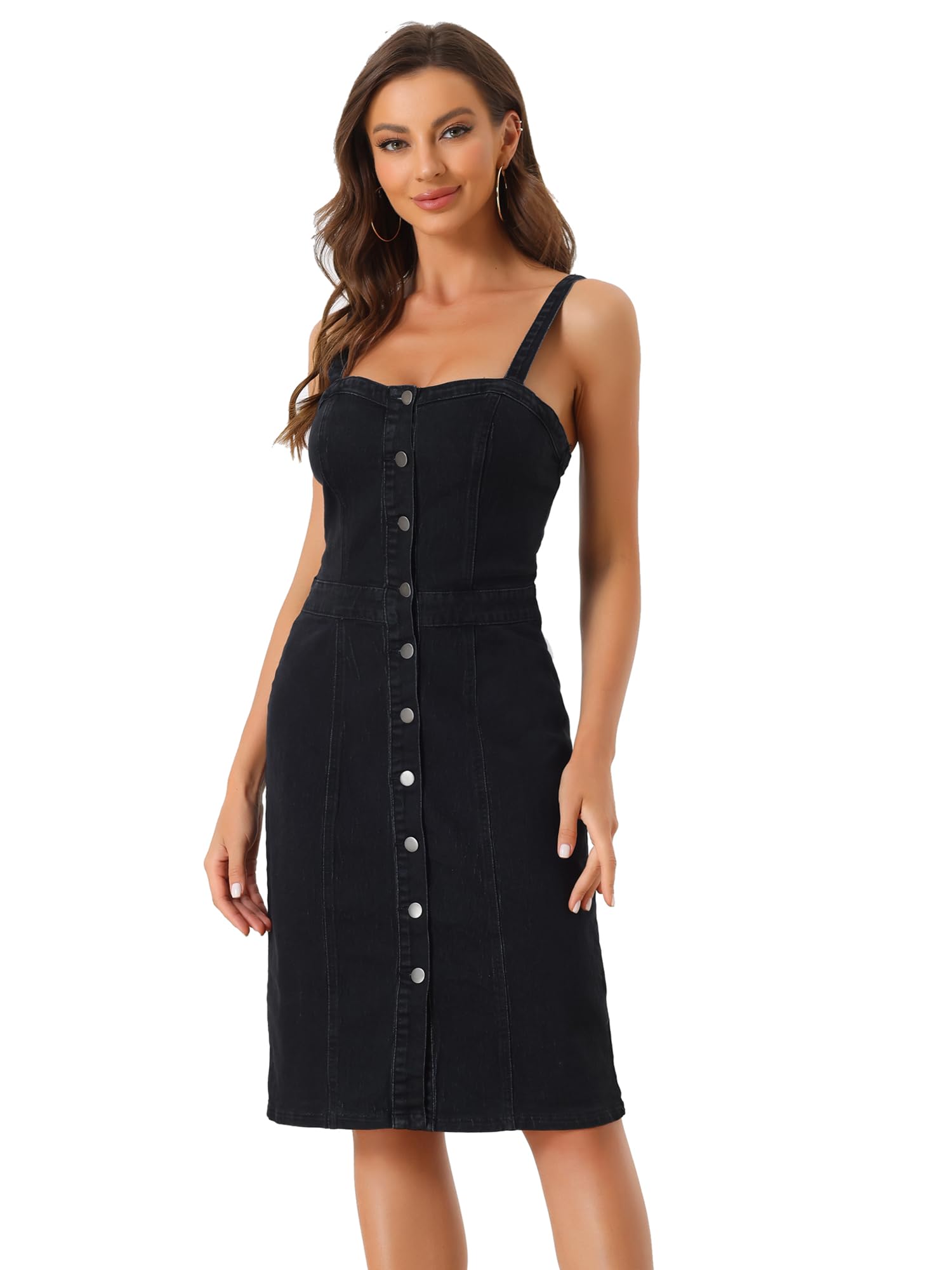 Allegra K Vestido Vaquero Casual para Mujer con Botones sin Mangas | con Escote Corazón, Elásticos de Mezclilla