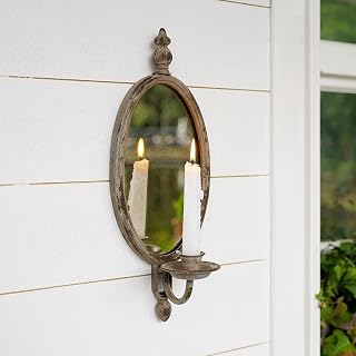 SOFFEEDESIGN Antique Metal Candle Sconce Wall Holder with Distressed Oval Mirror - Rustic Vintage Wall Decor