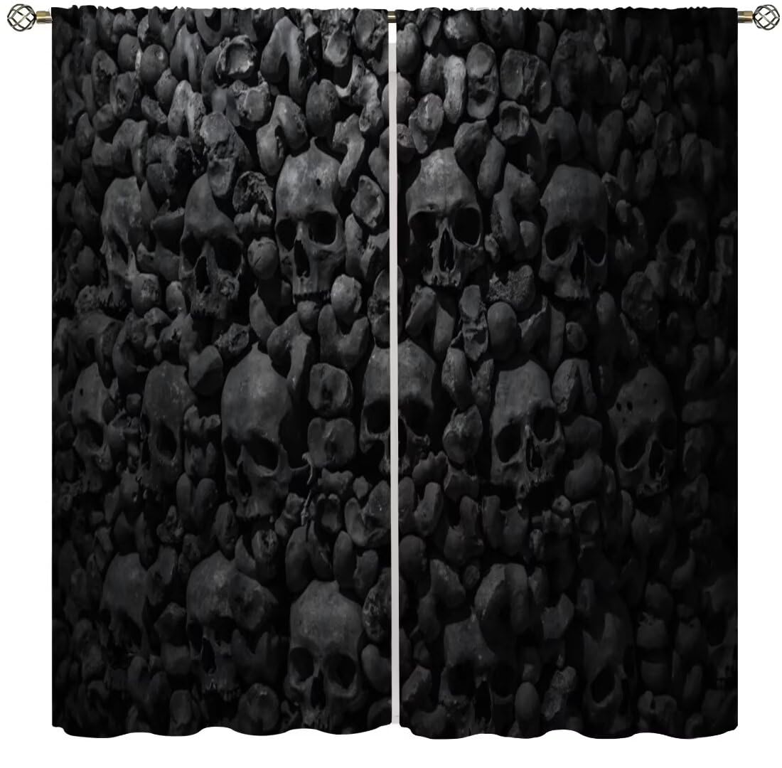 DDCBNS Vintage Skull Curtains,Retro Gothic Skeleton Wall Polyester Fabric Curtains for Bedroom Living Room Kitchen Halloween Window Drapes 2 Panels