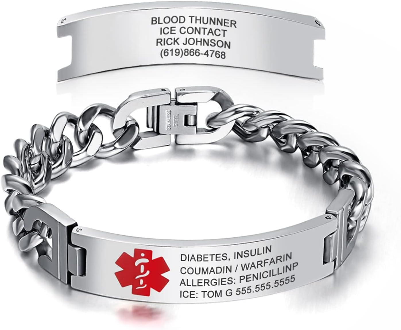 Personalized Medical Alert Bracelet for Men: Free Engraving Stainless Steel Emergency ID Wristband Custom Medic ID Bracelet for Husband Dad, Size 7.5-9.5 inches, Durable & Comfortable